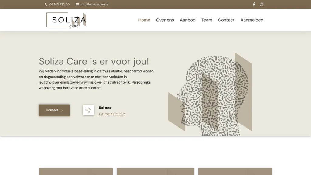 Website van Soliza Care, aanbieder van forensische zorg, gemaakt door Praktijker